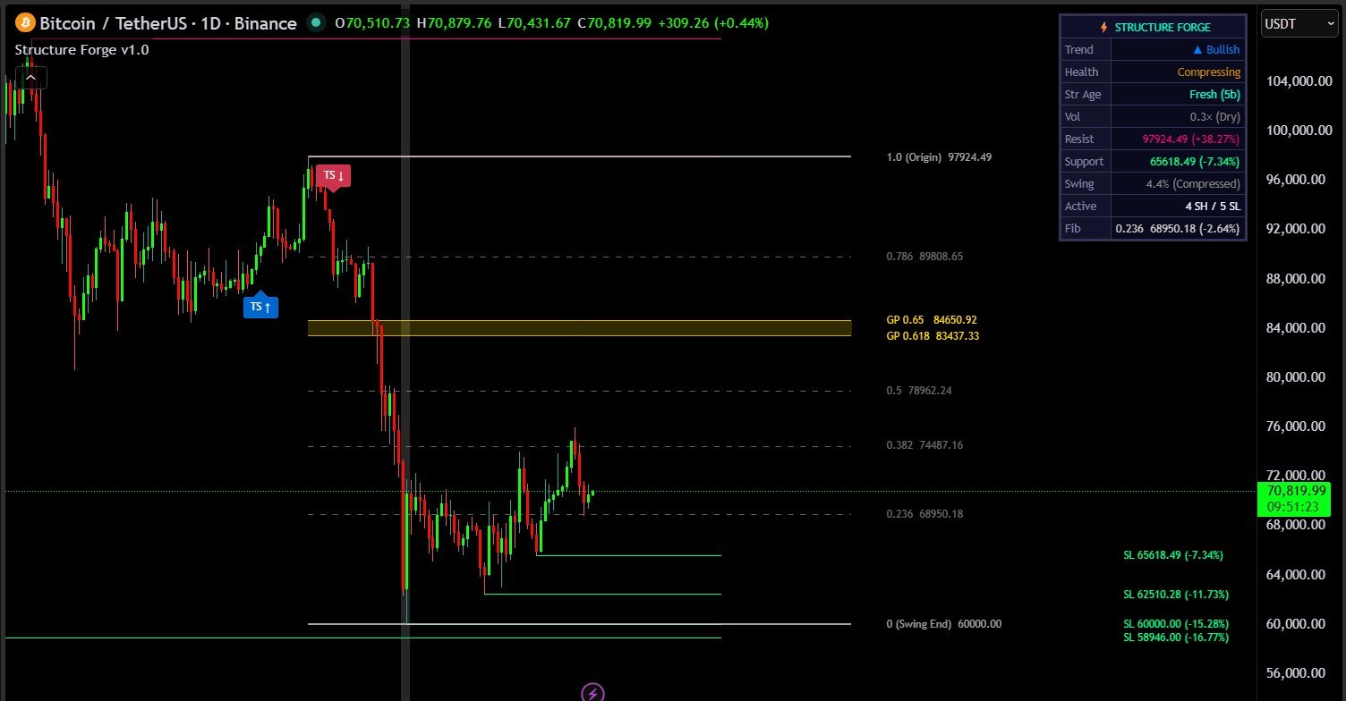 Structure Forge Fibonacci retracement levels and Golden Pocket zone on BTC Daily